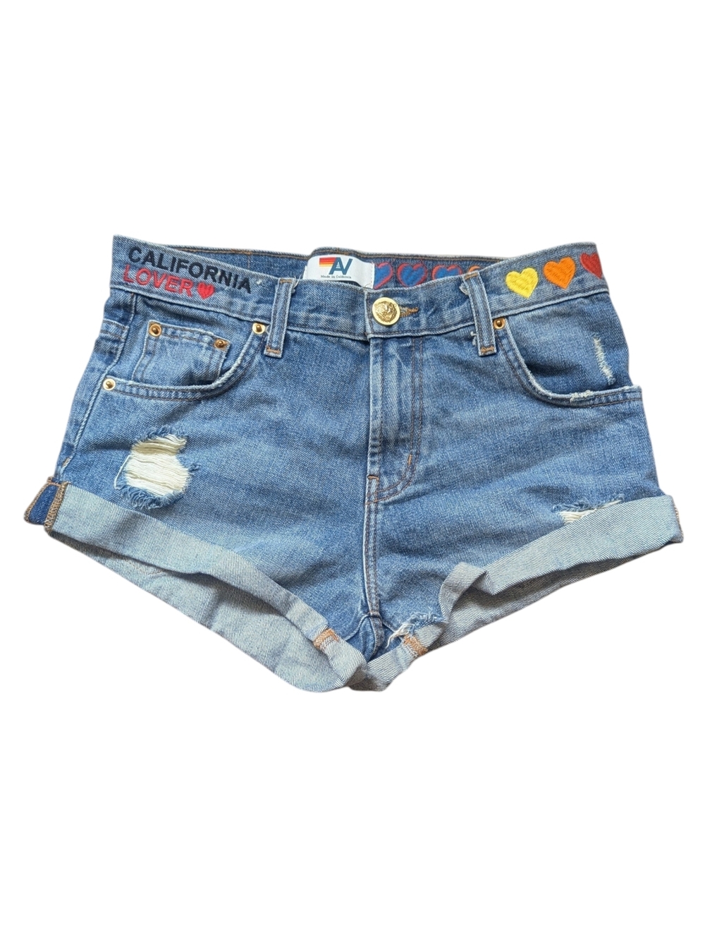 Aviator Nation Hi Rise Rocker Cali Lover Embroidered Heart Jean Denim Shorts 24